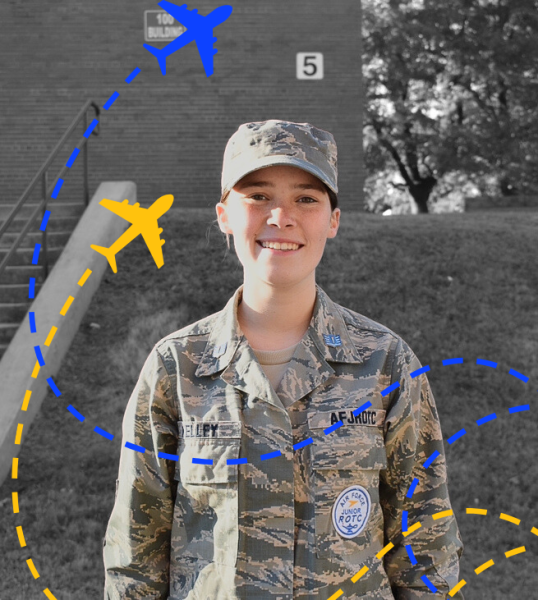 Kelley wears her Airman Battle Uniform, or ABU. Students earn these uniforms once they have been in JROTC for more than one year.