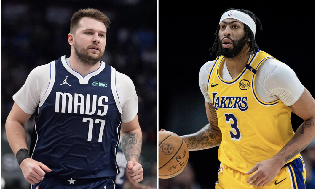 Luka Dončić on the right, being traded for Anthony Davis on the left, via the Los Angeles Times