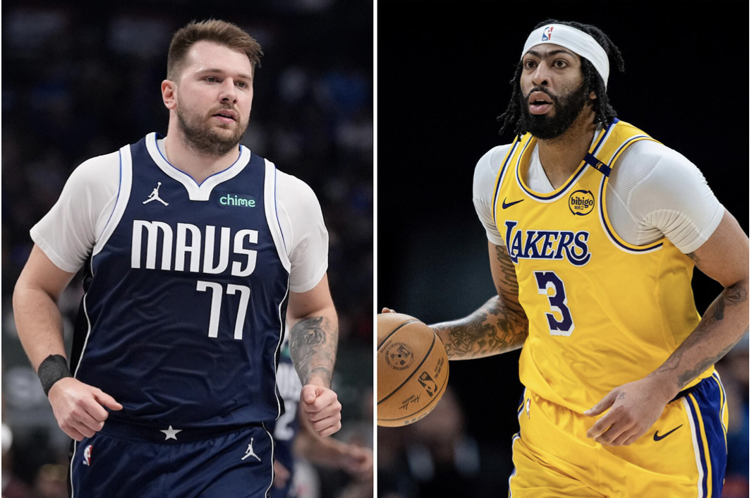 Luka Dončić on the right, being traded for Anthony Davis on the left, via the Los Angeles Times