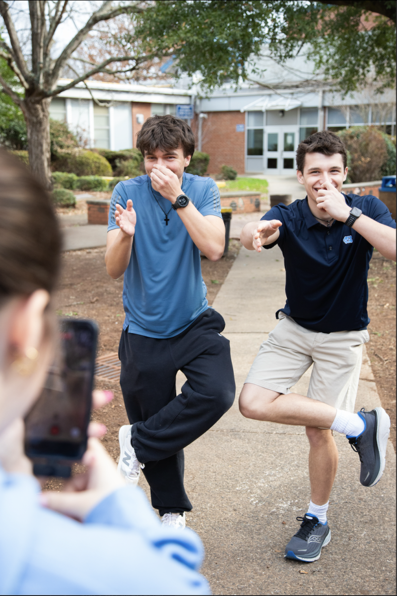 Nate Daley and Chase McDonald dance as flamingos while filming Bird of the Week. Bird of the Week is filmed every Wednesday and comedically informs students on different bird species.